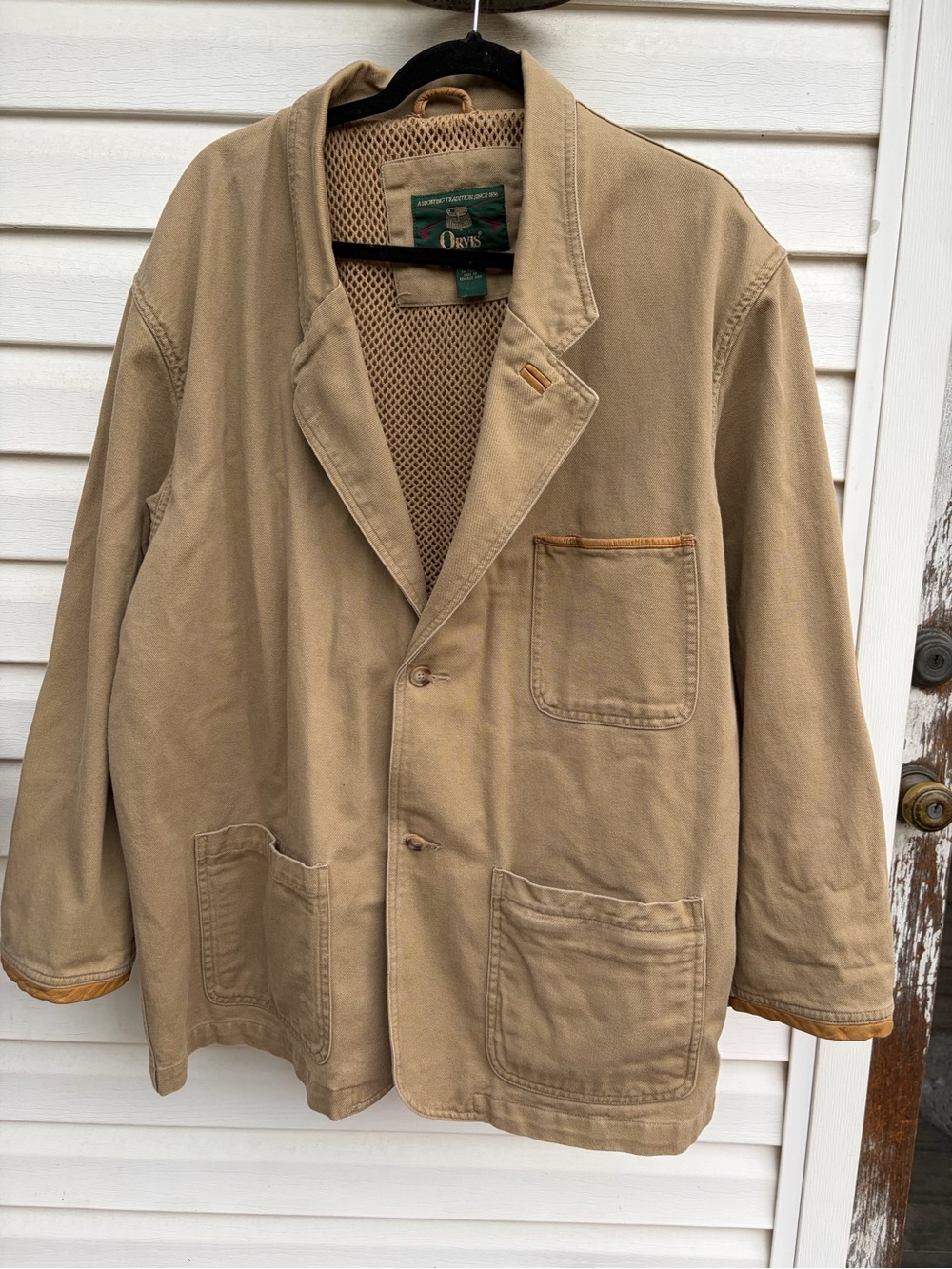 Orvis Men’s XL Cotton Field Safari Jacket Tan Leather Trim Utility